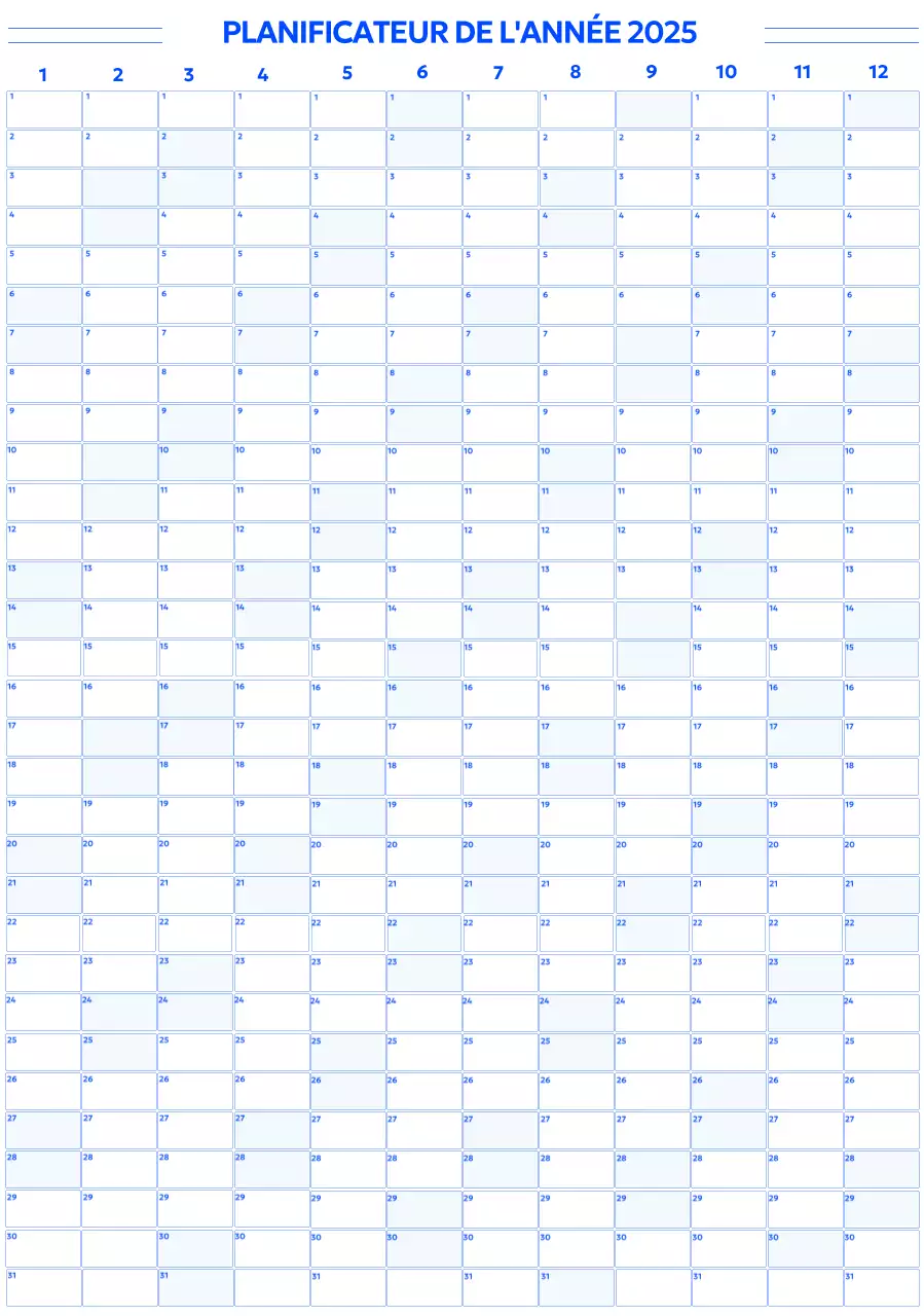 Un calendrier annuel simple dans un style gothique avec des carrés arrondis bleus