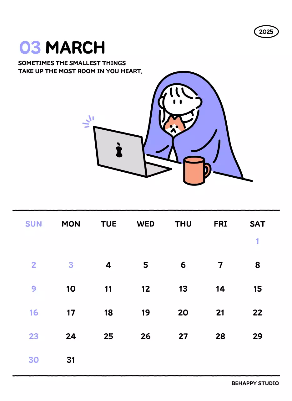아기자기한 선 스타일의 일러스트 달력 캘린더