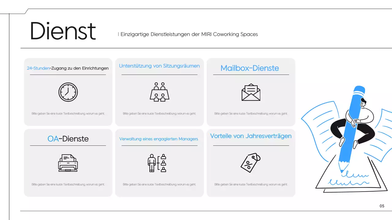 Ein einfacher schwarz-blauer Vorschlag für einen Coworking Space