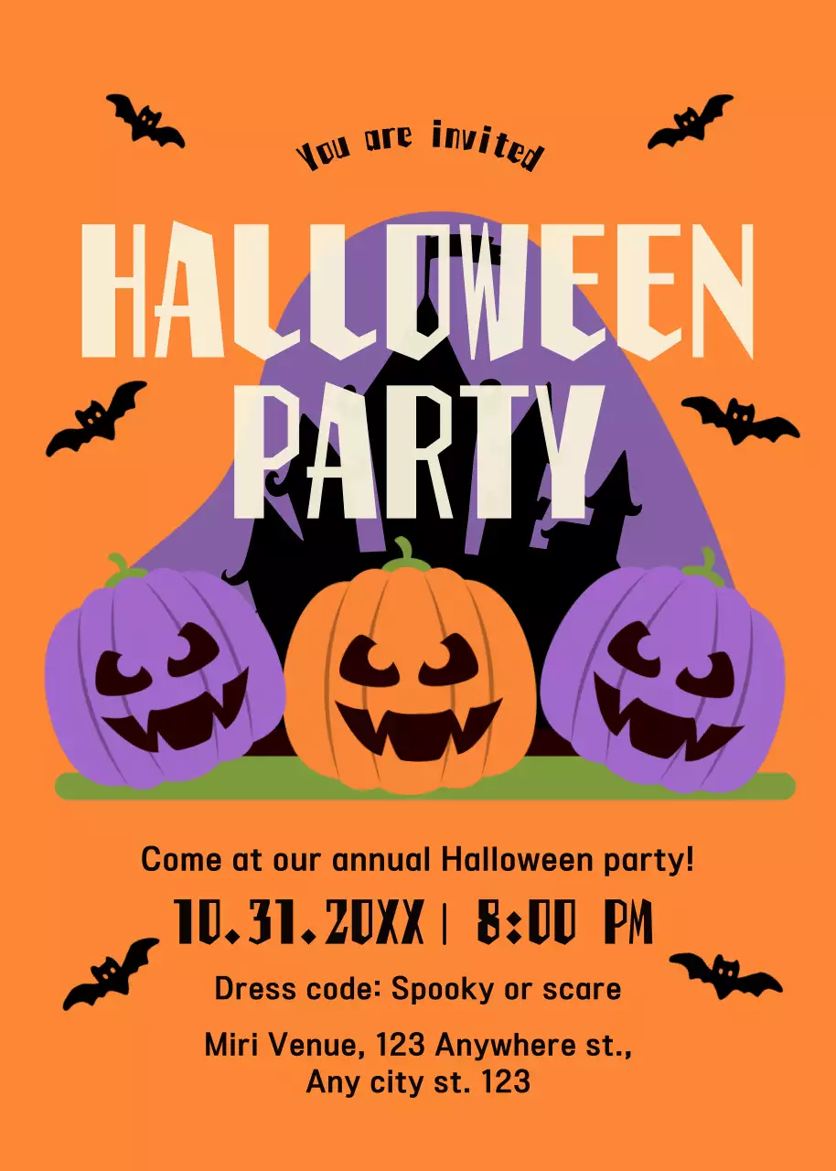 Black orange purple Halloween party invitation