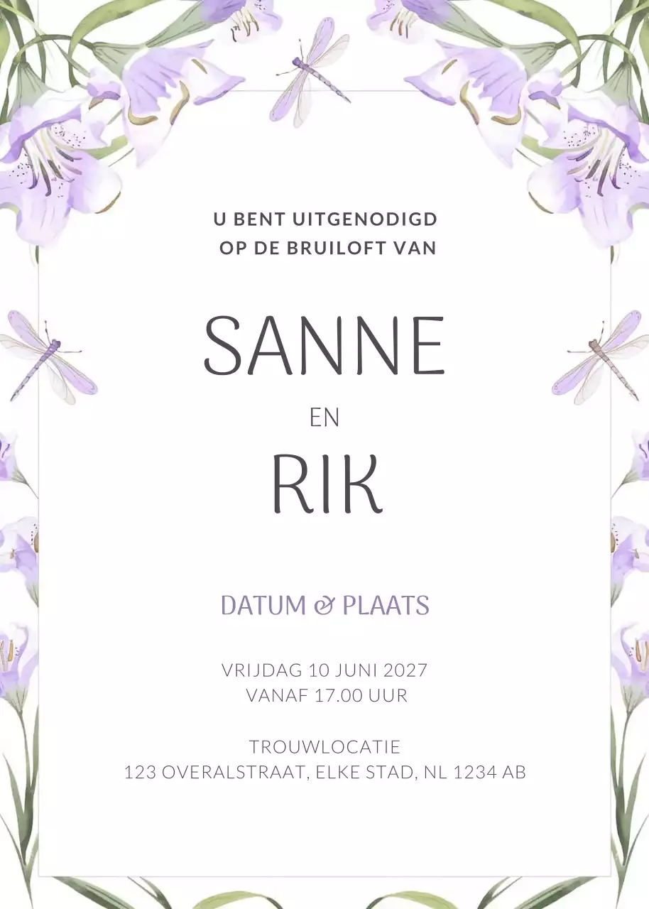 uitnodiging paarse elegante bruiloft