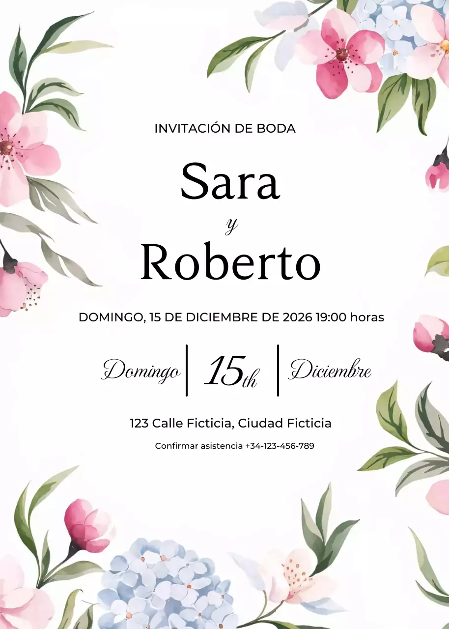 Invitación de boda floral rosa azul verde