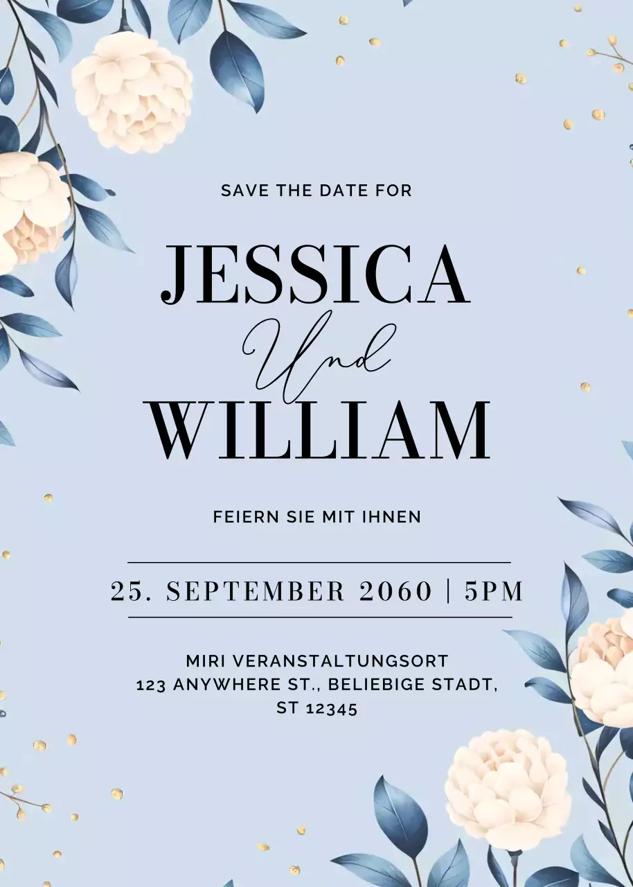 Blaue florale moderne Hochzeitseinladung