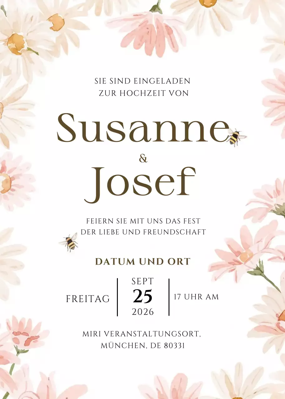 beige geblümte Hochzeitseinladung