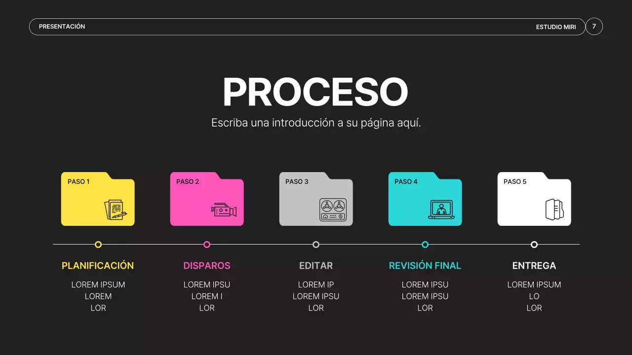 Un sencillo prospecto de productora de vídeo en negro y colores neón