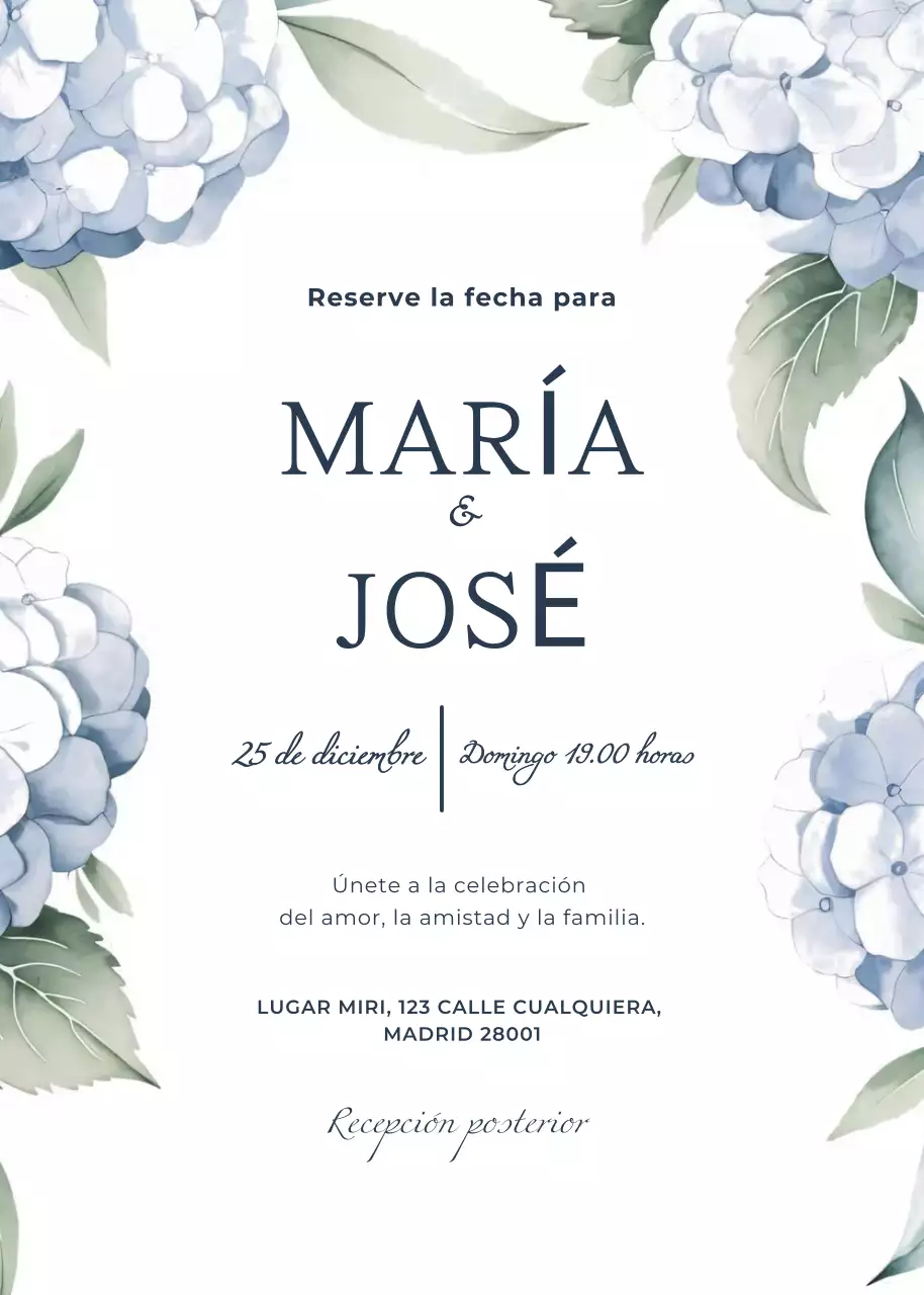 Invitación de boda azul estilo elegante