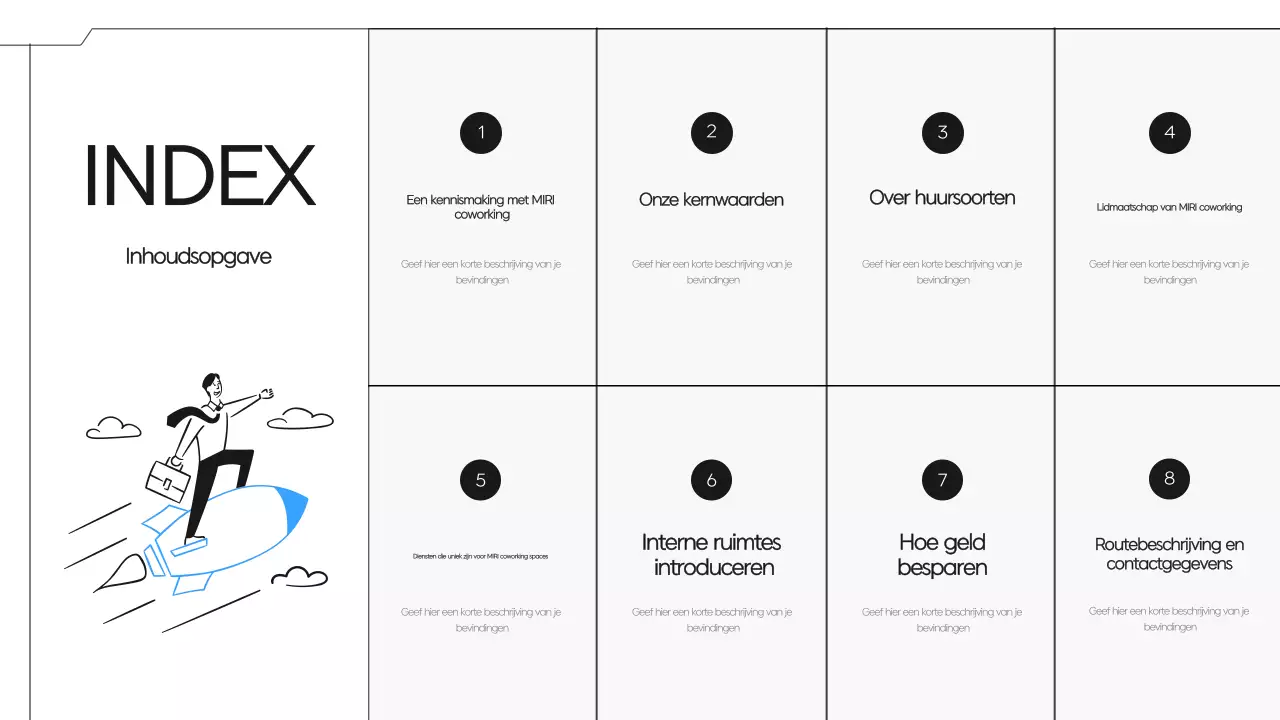 Een eenvoudig zwart-blauw voorstel voor een coworkingruimte