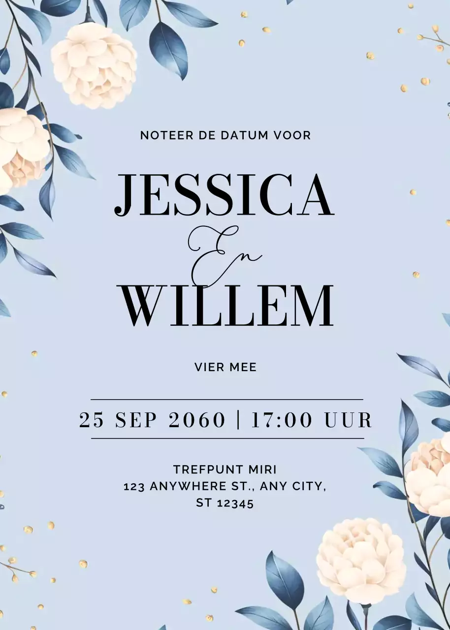 blauwe bloemen moderne huwelijksuitnodiging