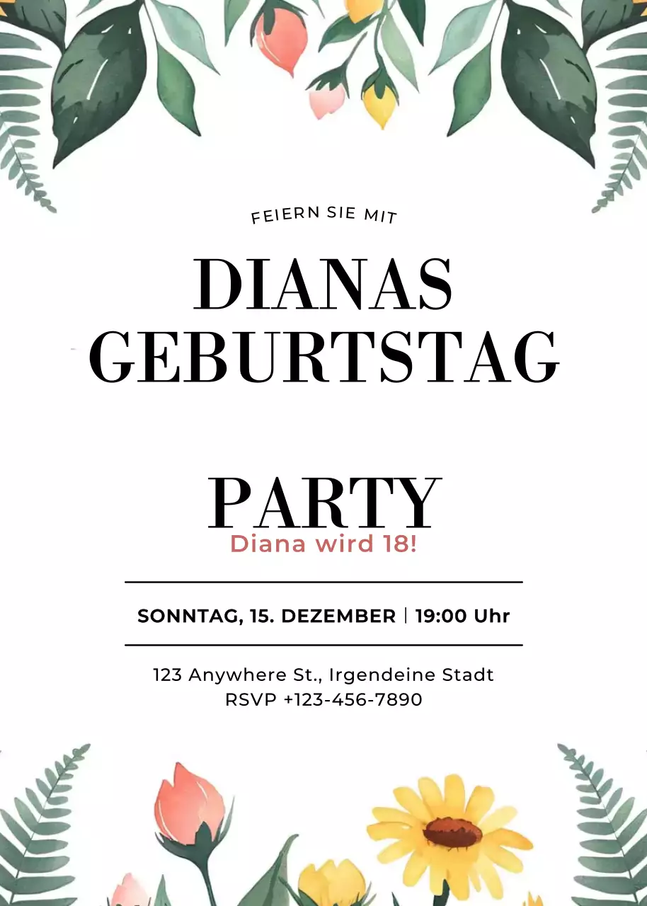 Gelb rosa grün geblümte Geburtstagseinladung