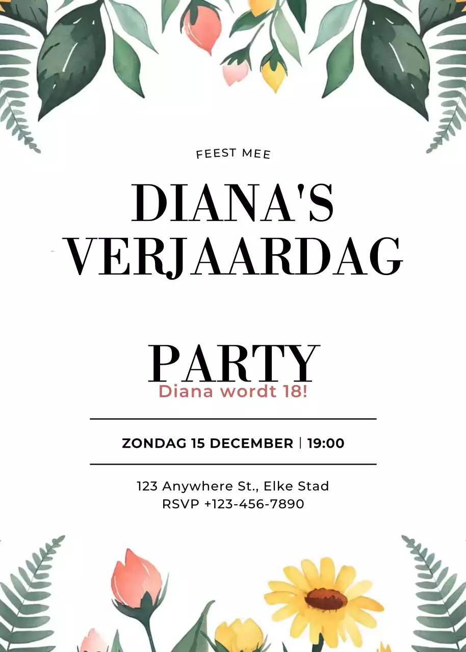 Geel roze groen gebloemde verjaardagsuitnodiging