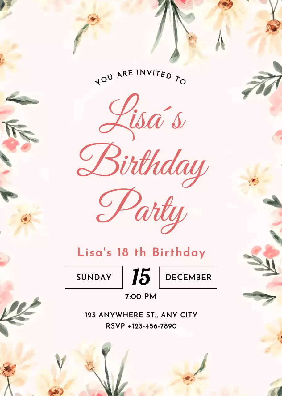 undangan ulang tahun bunga merah muda