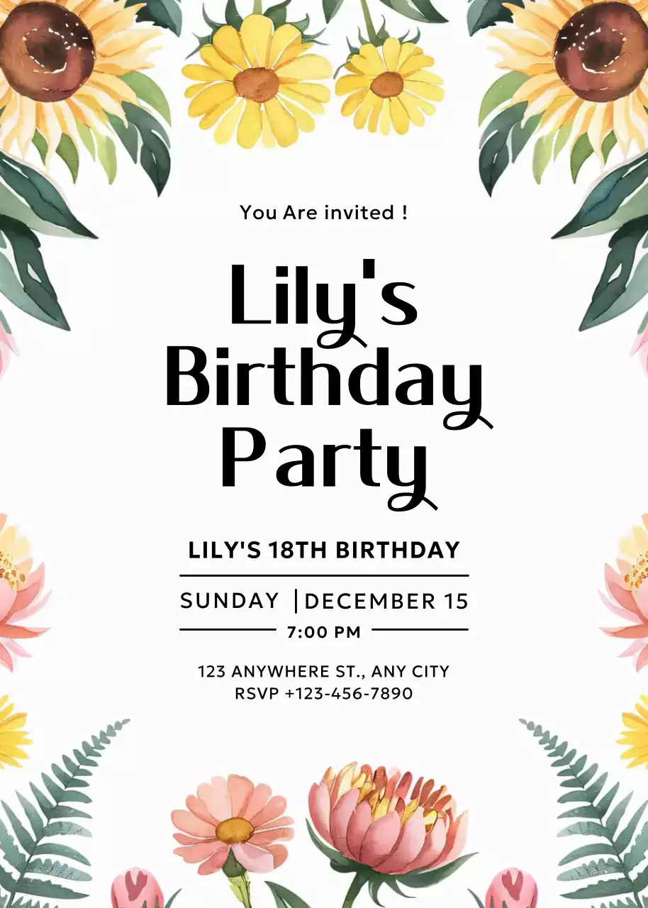 white floral birthday invitation
