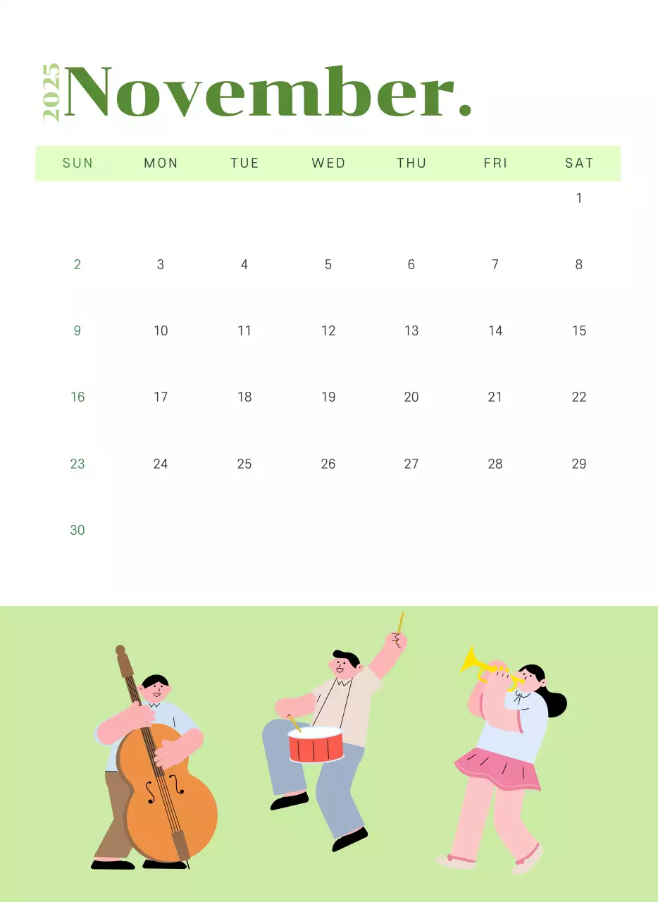 옐로우 그린 배경에 청소년 일러스트가 담긴 달력