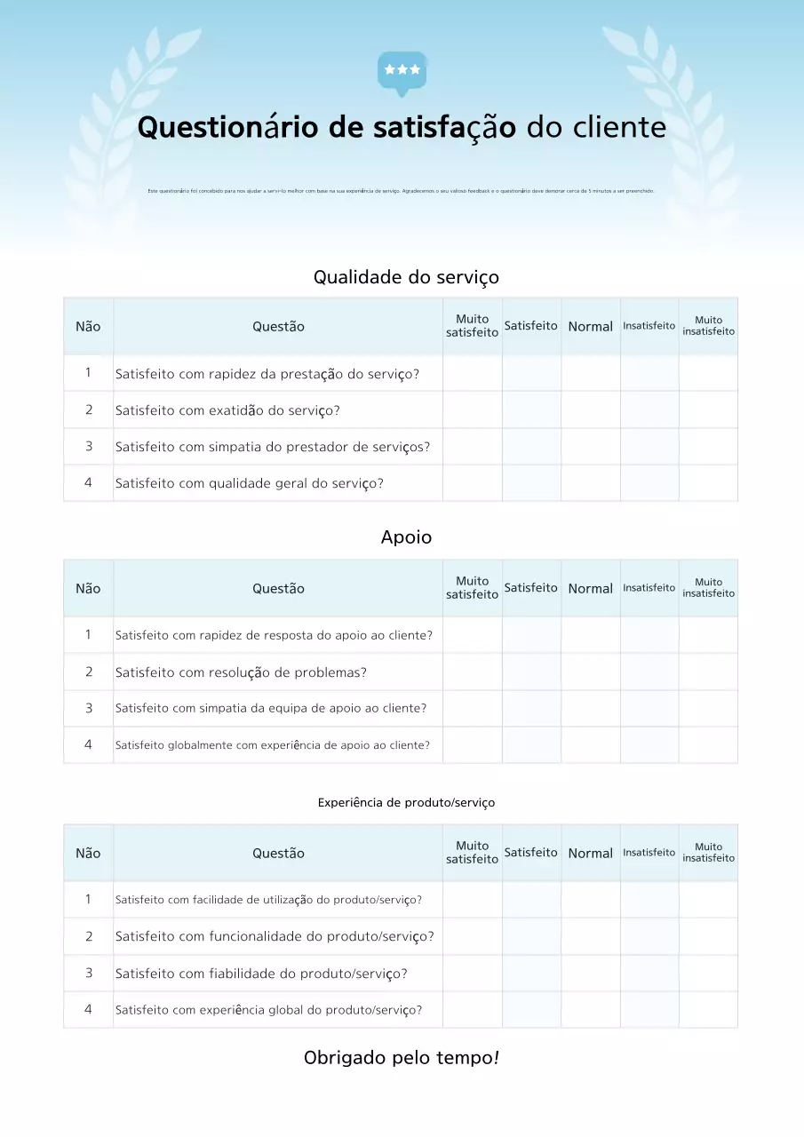 Inquérito por questionário Blue Neat