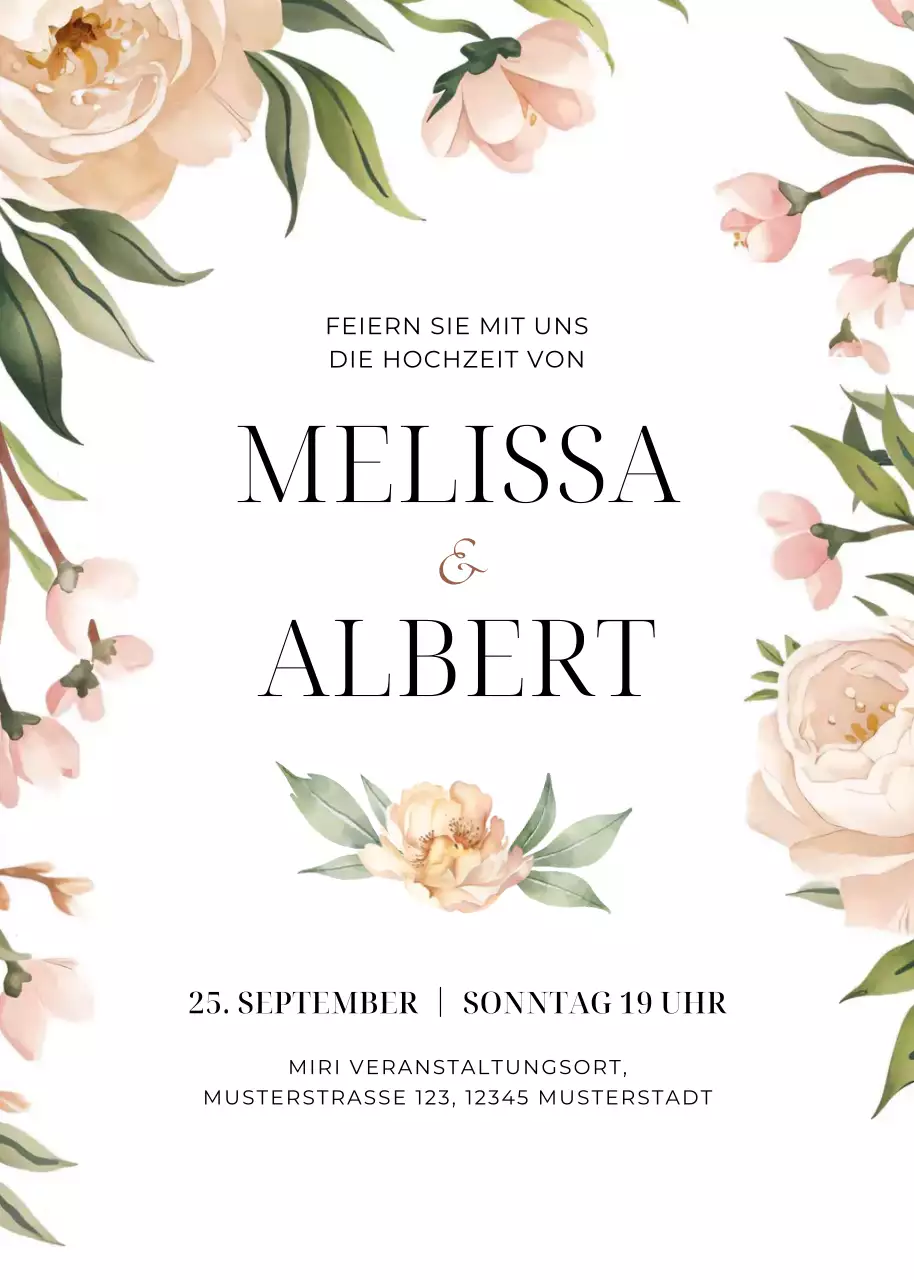 Beige grün blumige Hochzeitseinladung eleganter Stil