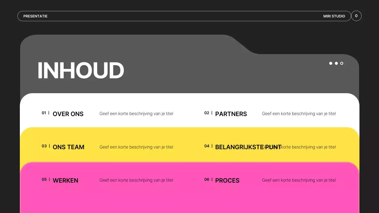 Een eenvoudige prospectus voor een videoproductiebedrijf in zwart en neonkleuren