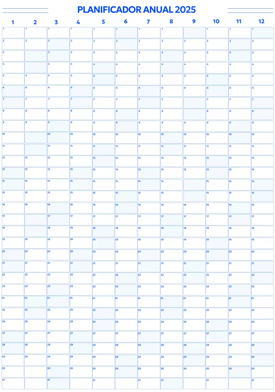 Un sencillo calendario anual de estilo gótico con cuadrados azules redondeados