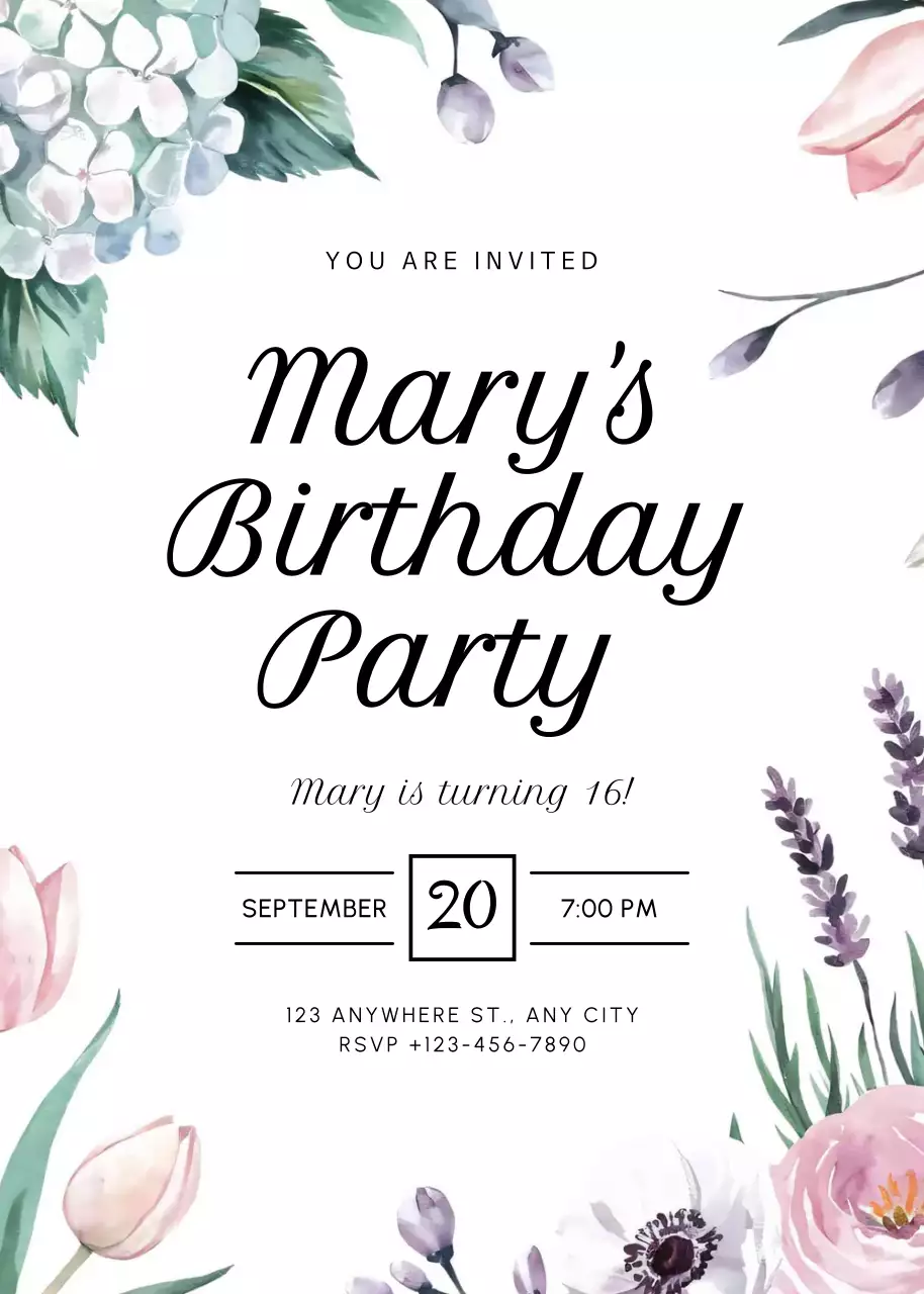white floral birthday invitation