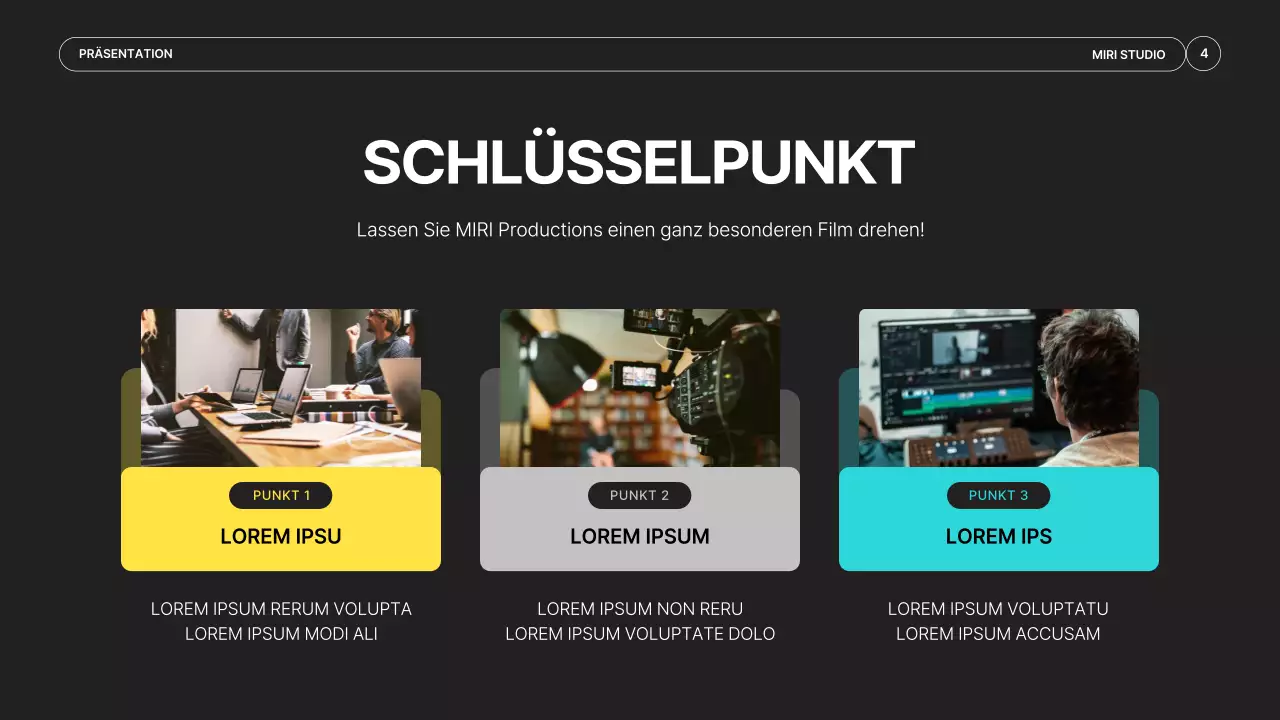 Ein einfacher Prospekt für eine Videoproduktionsfirma in Schwarz und Neonfarben