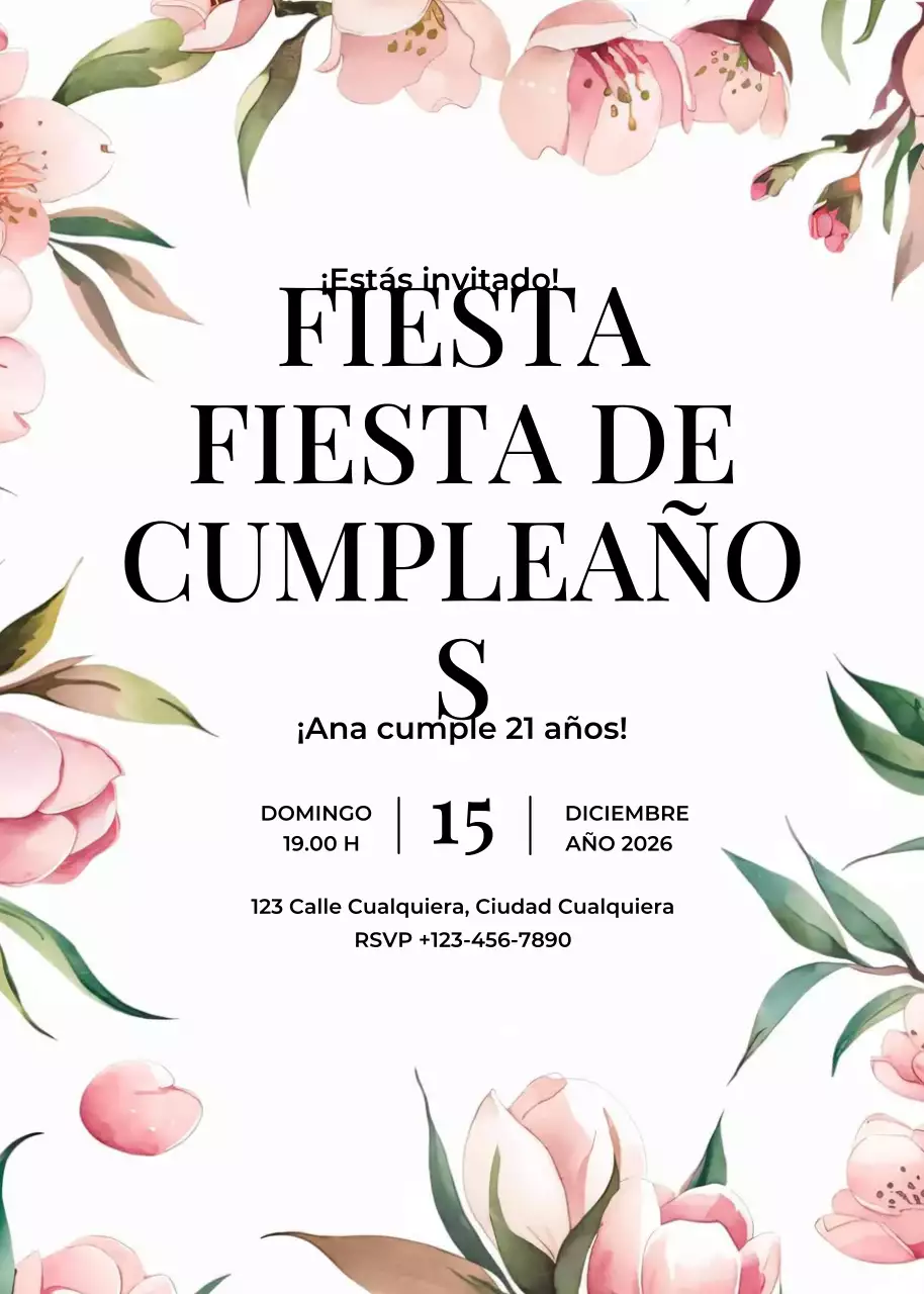 Invitación de cumpleaños floral rosa verde marrón