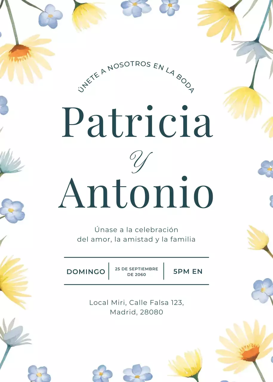 Invitación de boda floral azul amarillo estilo elegante