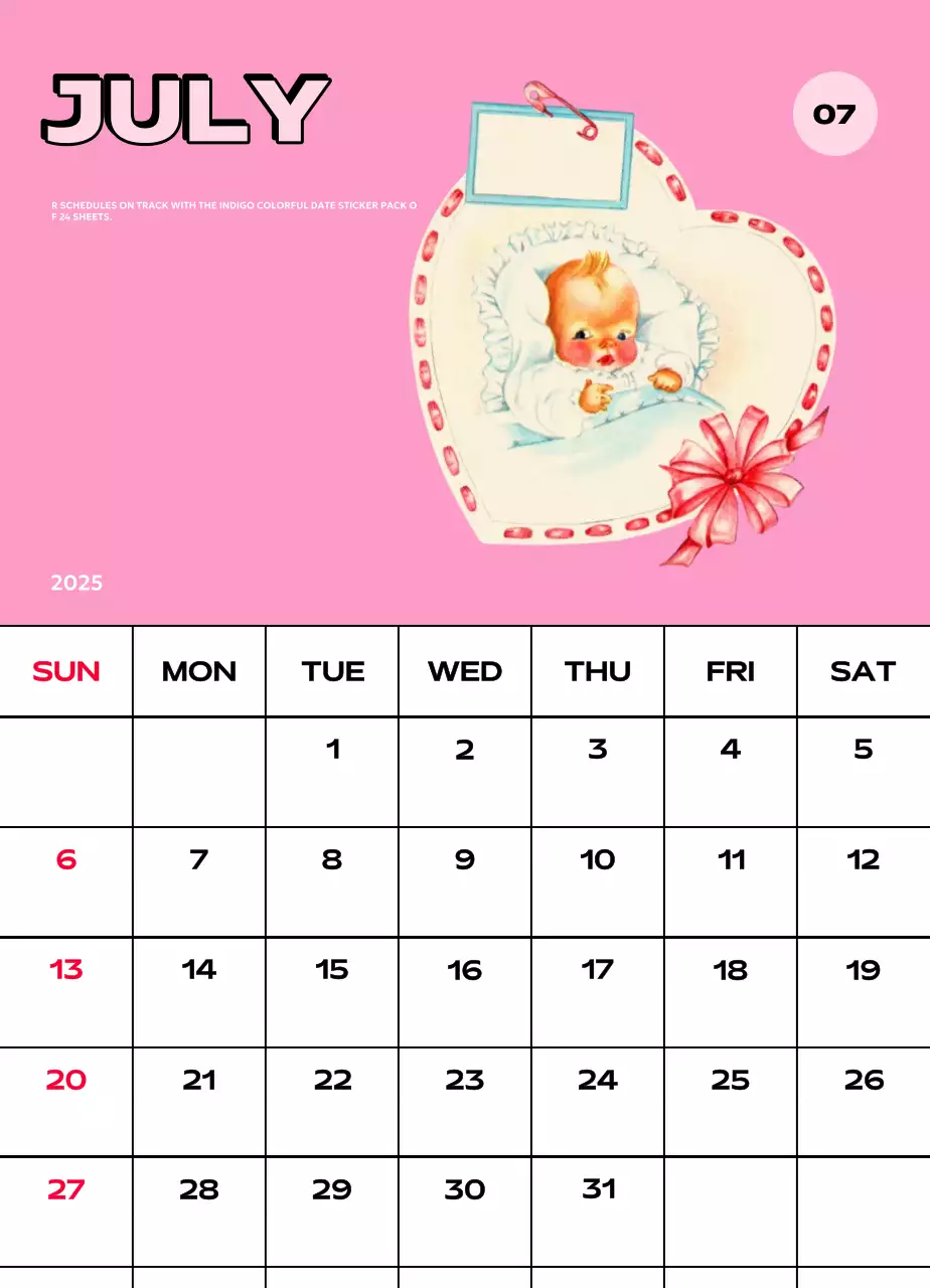 Kalender penuh warna dengan berbagai ilustrasi retro