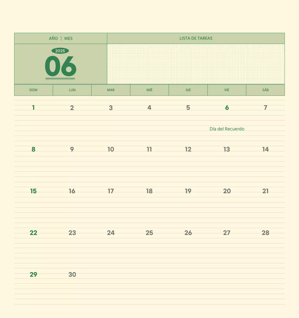 SAT Calendario de pared con concepto de bloc de notas del Día D en verde y amarillo claro