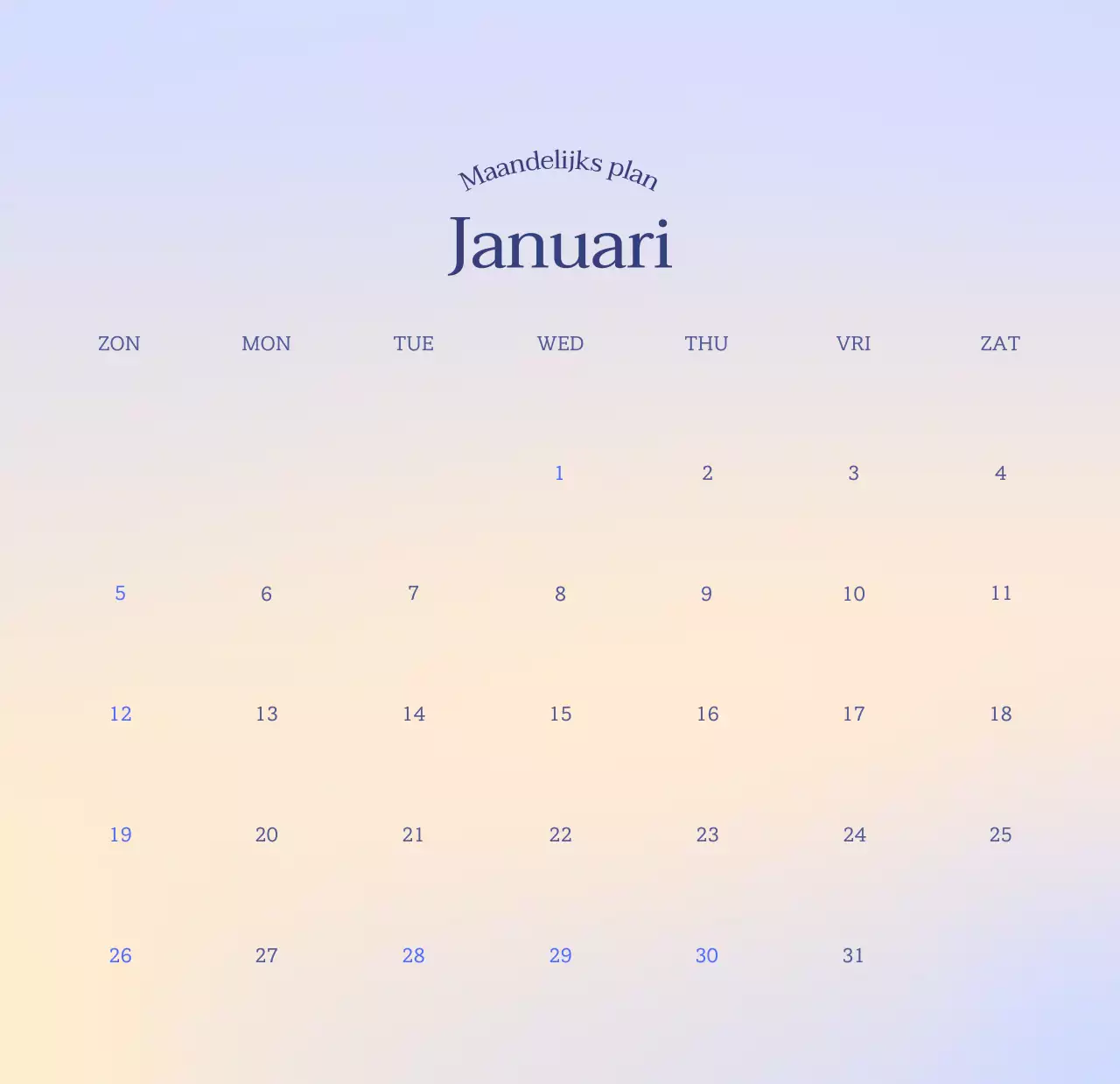 Minimalistische kalender met kleurverloop