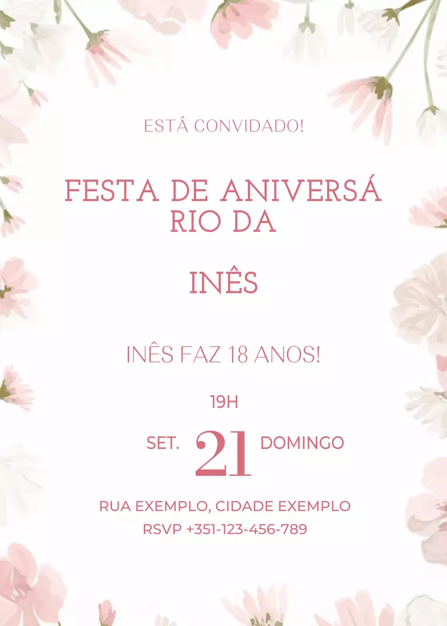 convite de aniversário floral cor-de-rosa