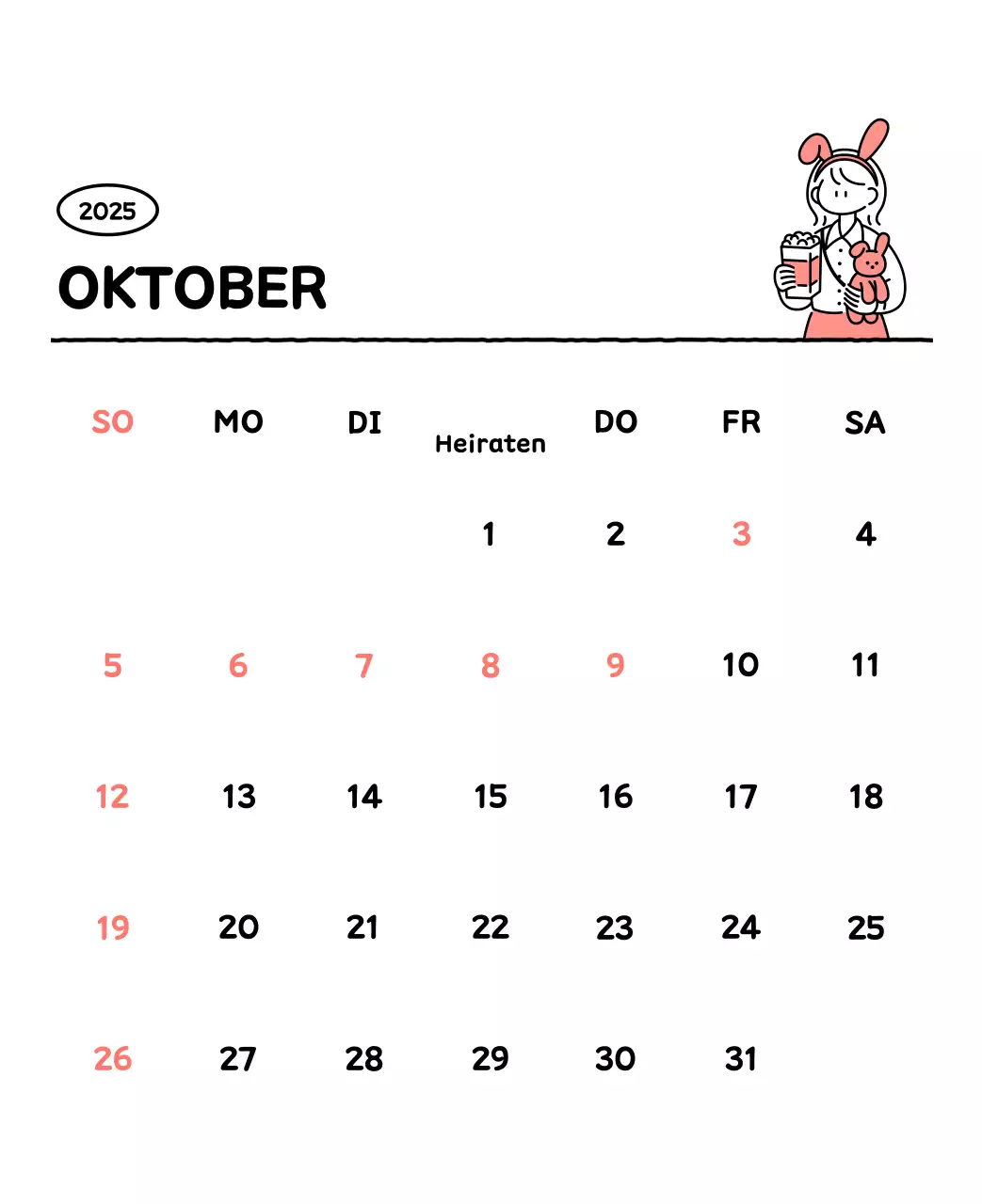 Illustrierter Kalender mit schönem Linienstil