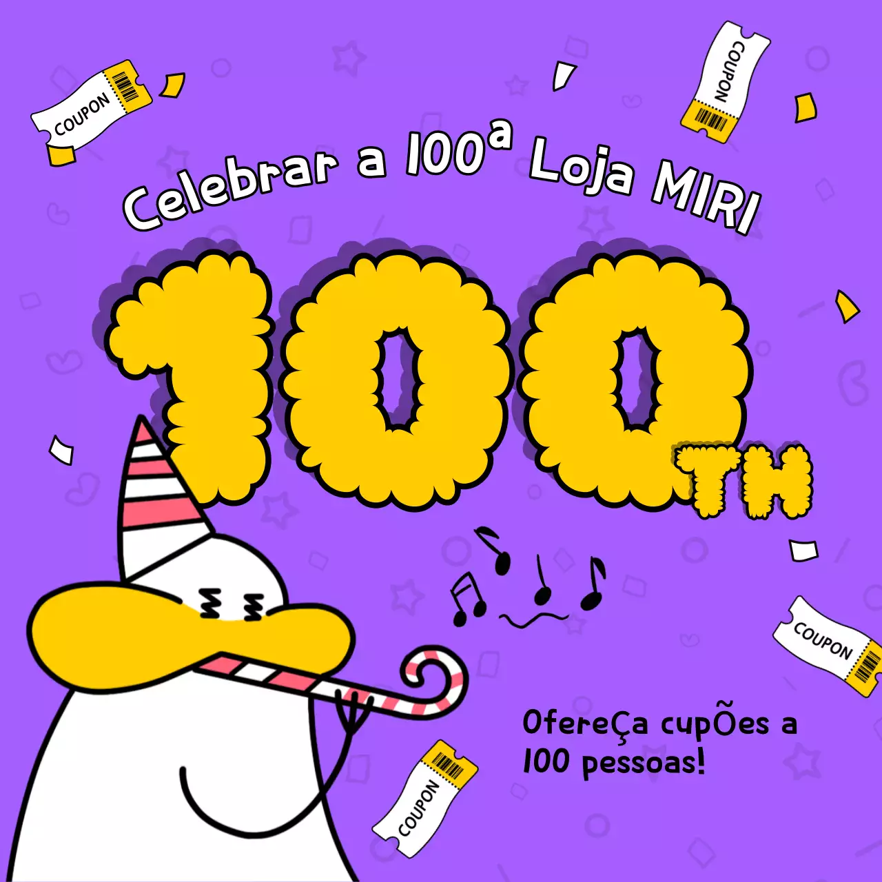 Um anúncio pop-art roxo e amarelo para uma oferta de cupões para celebrar a 100ª loja.