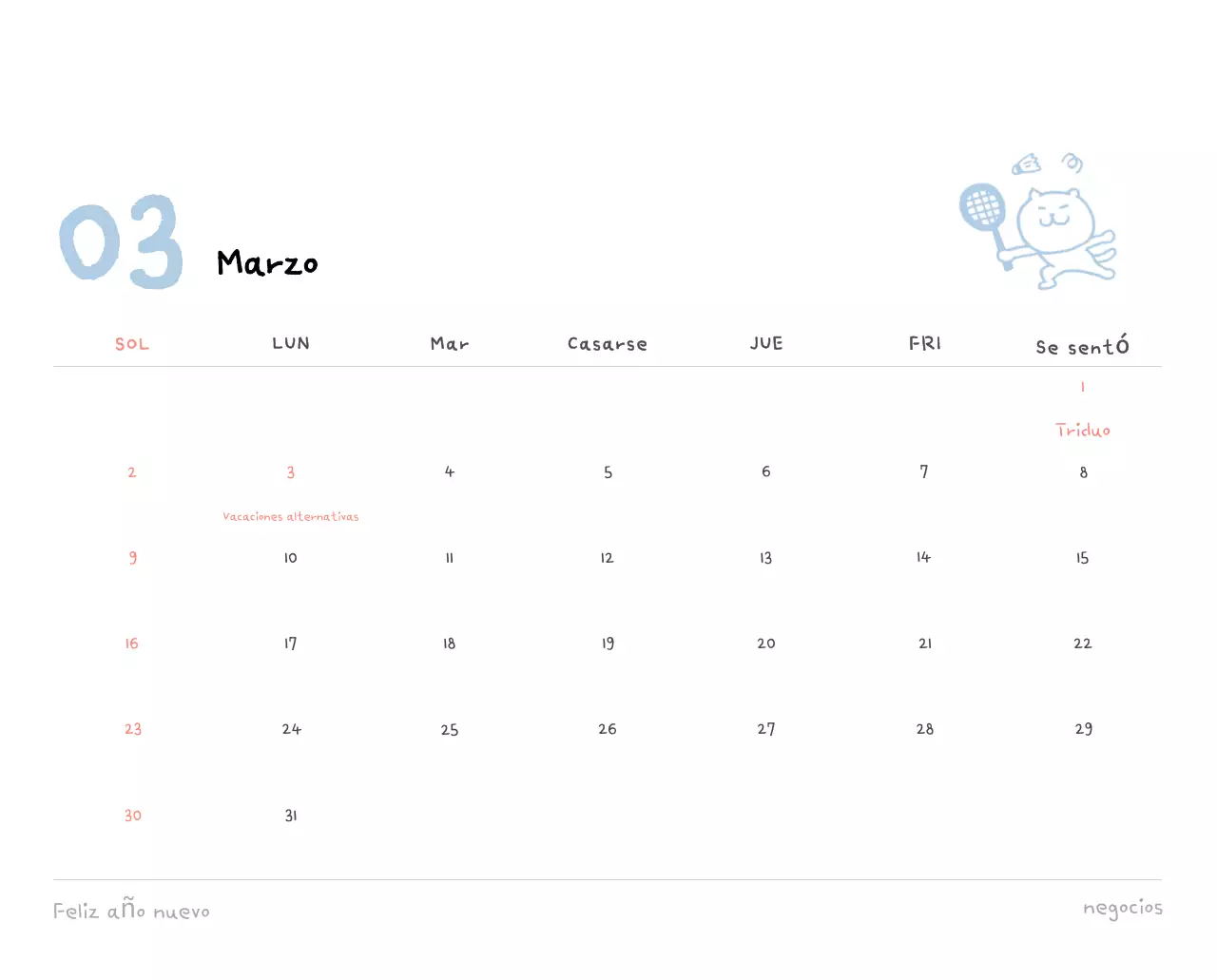 Calendario diario en marfil