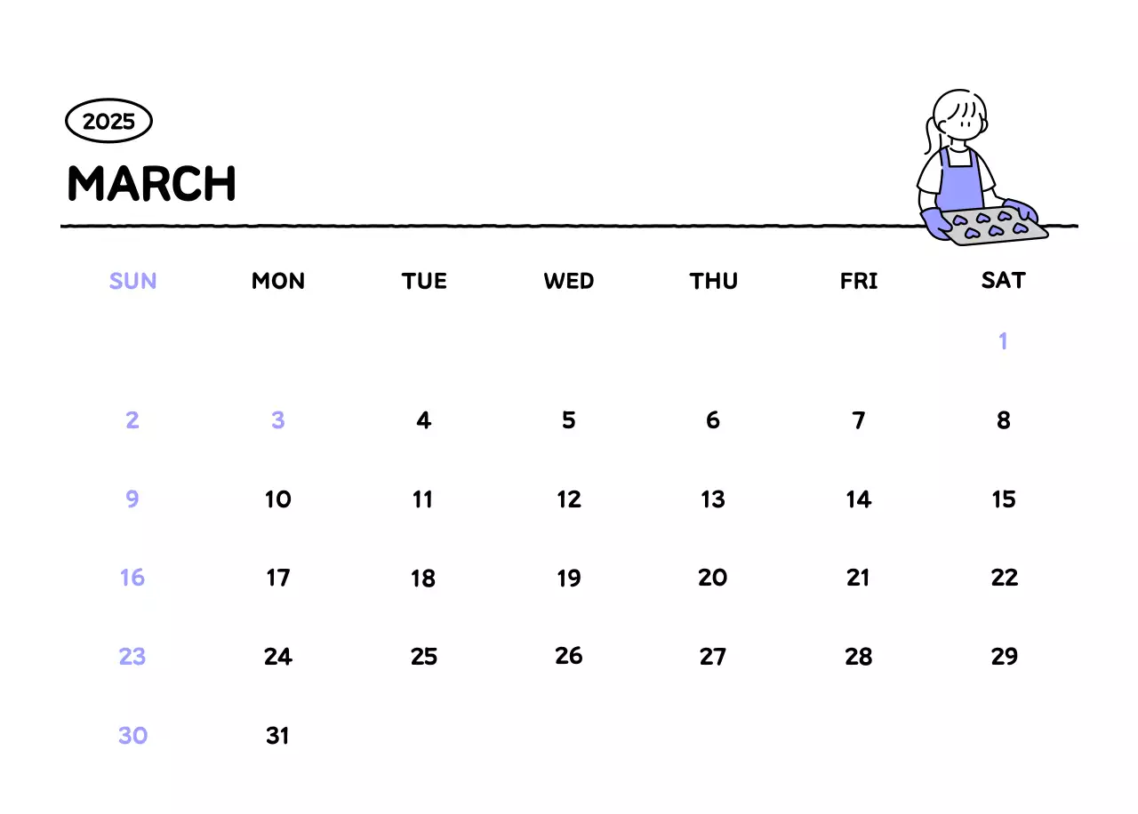 Illustrated calendar with a cute line style