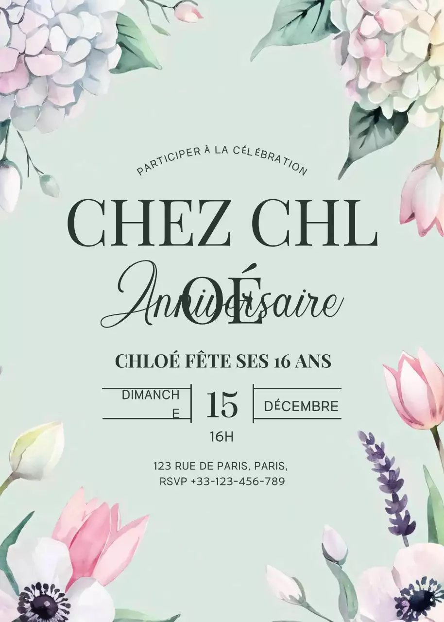 invitation d'anniversaire fleurie menthe