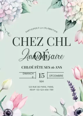 invitation d'anniversaire fleurie menthe