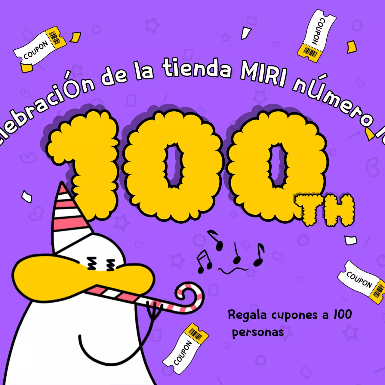 Un anuncio pop-art morado y amarillo para un sorteo de cupones con motivo de la tienda número 100.