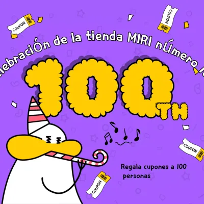 Un anuncio pop-art morado y amarillo para un sorteo de cupones con motivo de la tienda número 100.