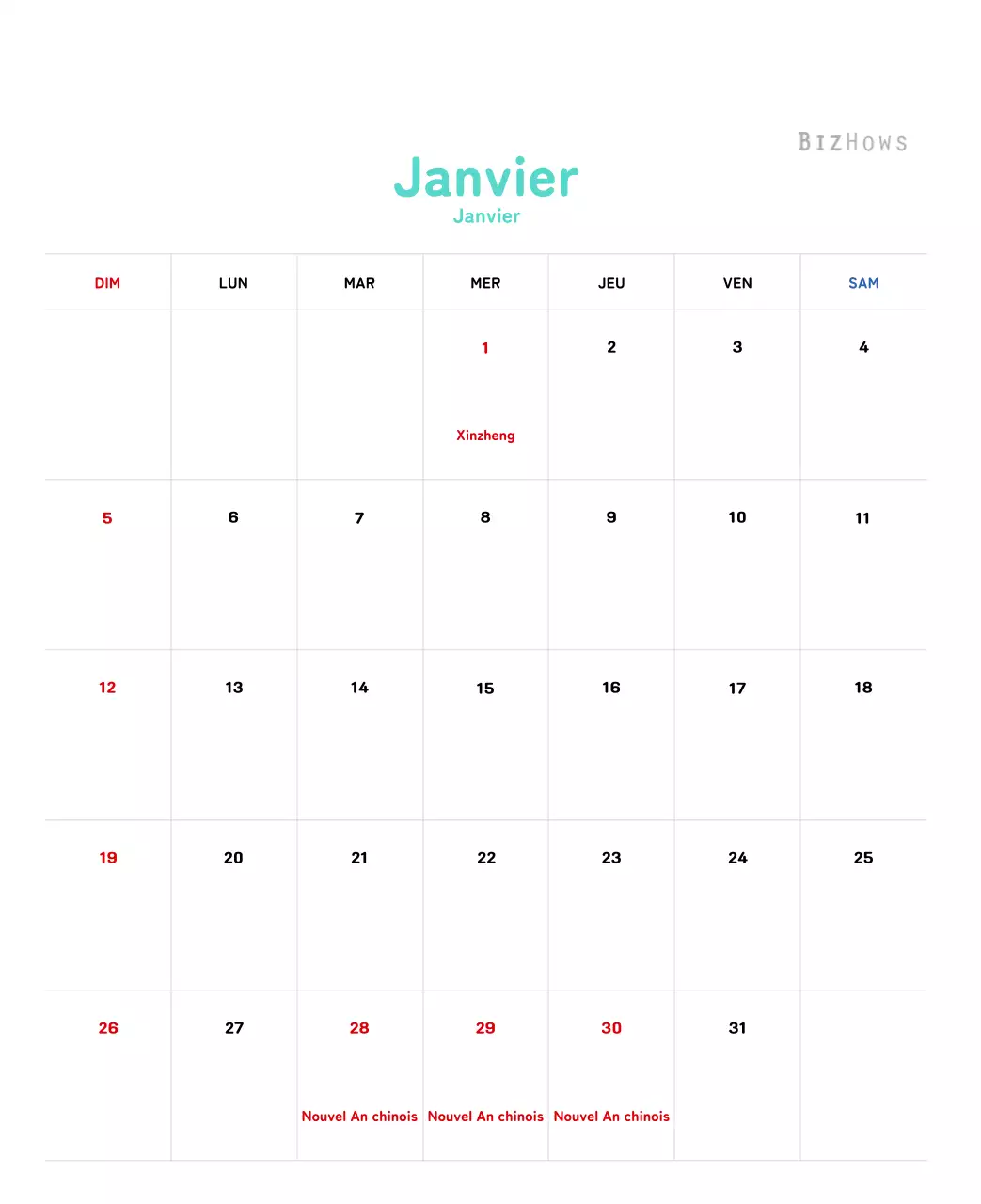 Calendrier du Nouvel An avec illustrations chaleureuses