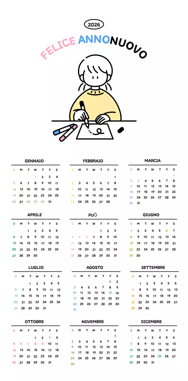 Calendario illustrato con un grazioso stile di linee