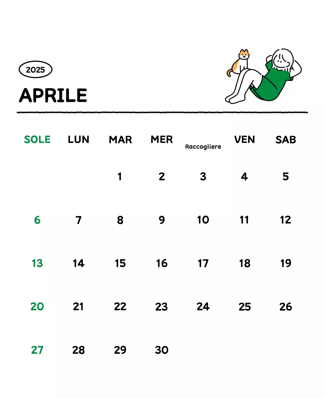 Calendario illustrato con un grazioso stile di linee