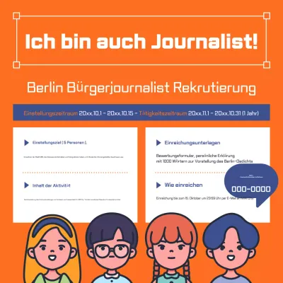 Orangefarbene und marineblaue Stellenausschreibung für Bürgerjournalisten