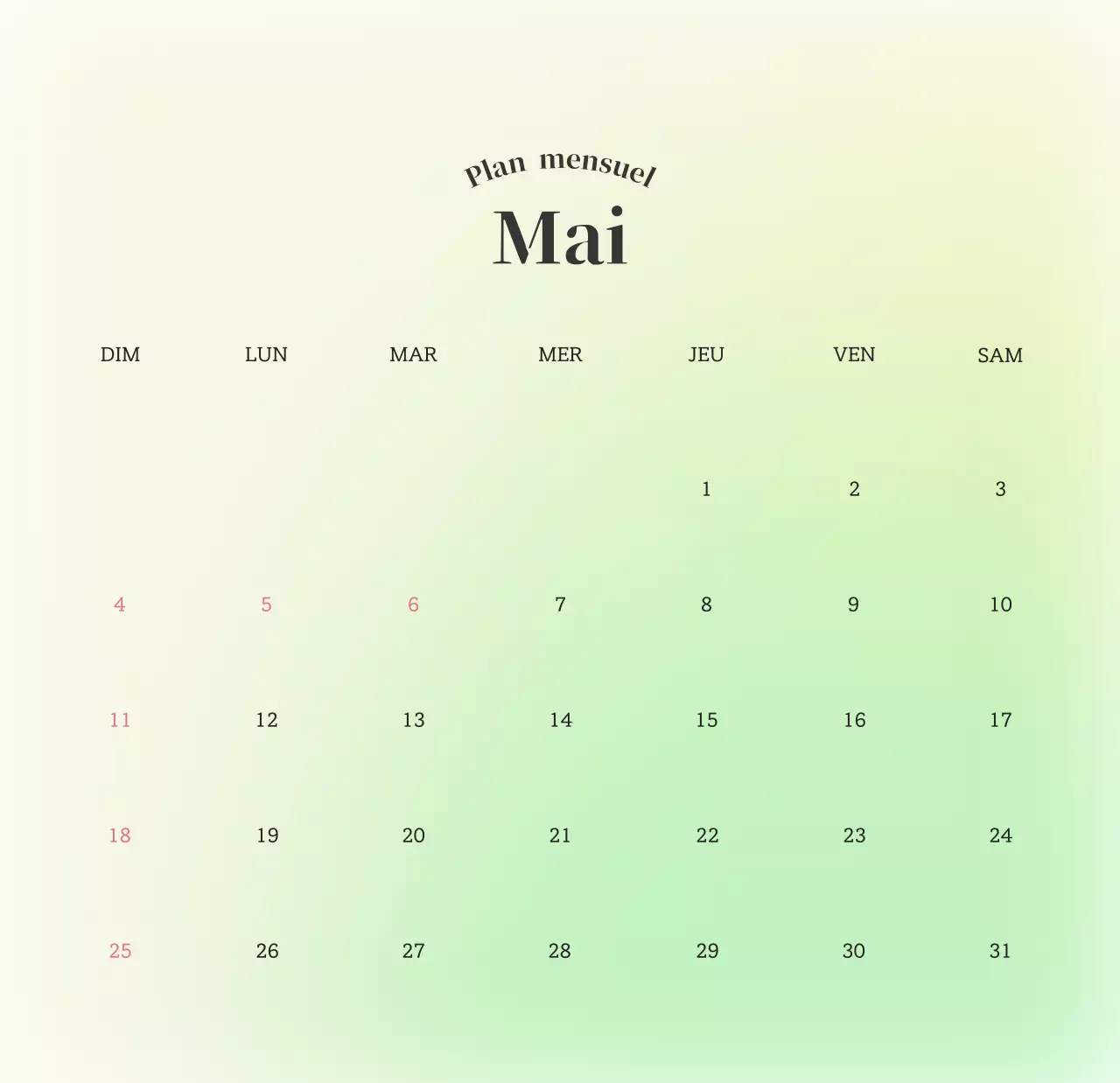 Calendrier minimaliste dégradé