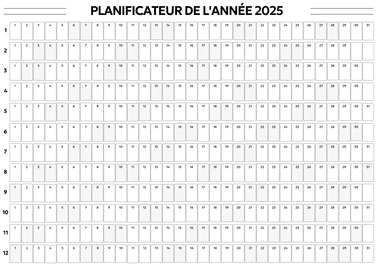 Un calendrier annuel simple dans une police gothique avec des carrés arrondis