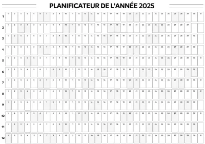 Un calendrier annuel simple dans une police gothique avec des carrés arrondis