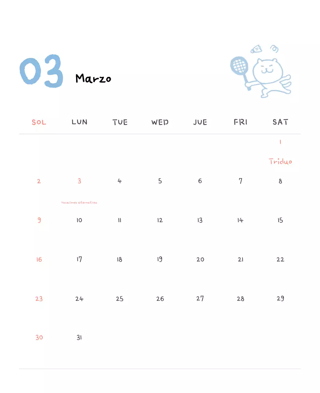 Calendario diario en marfil