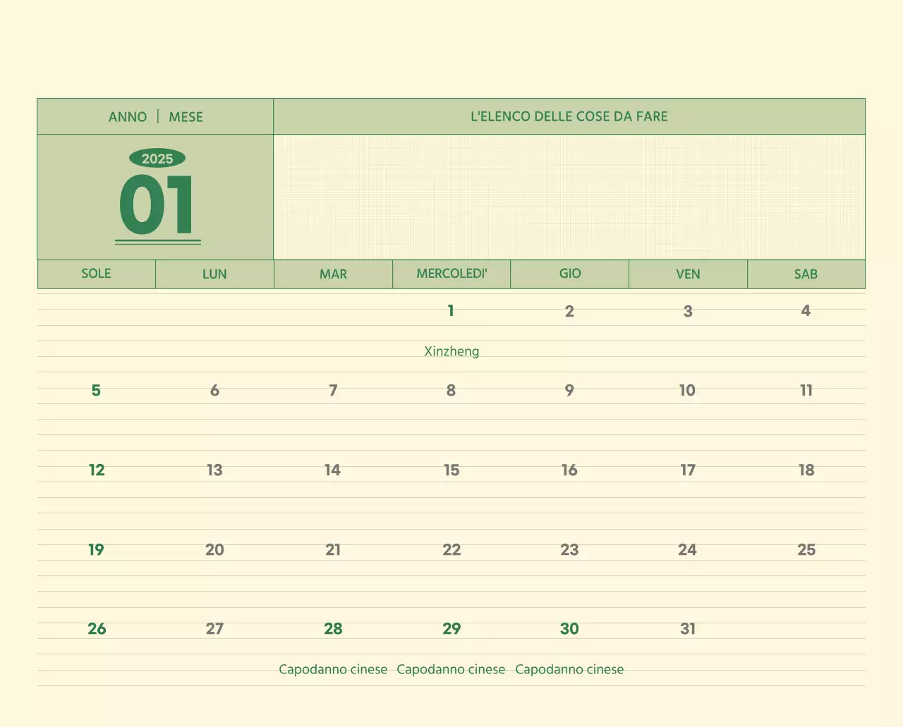 Calendario da parete SAT D-Day concept in verde e giallo chiaro