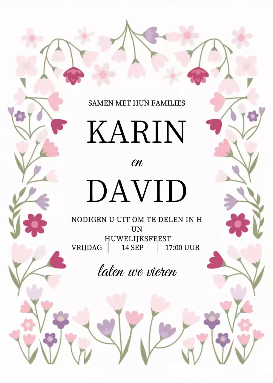 Uitnodiging roze bloemen bruiloft