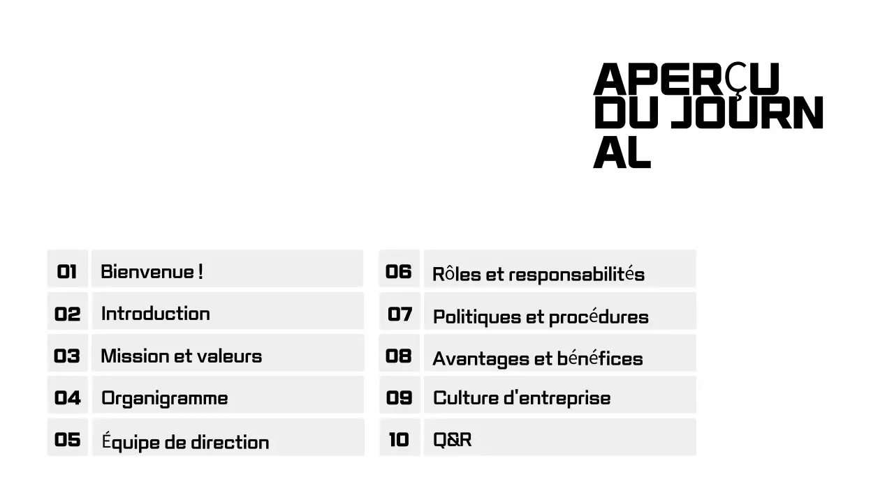 Présentations d'accueil des employés en noir et blanc