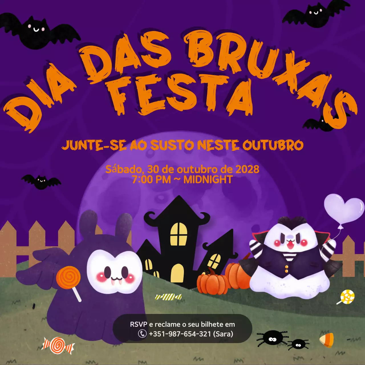 Publicação no Instagram da festa de Halloween ilustrativa roxa e laranja