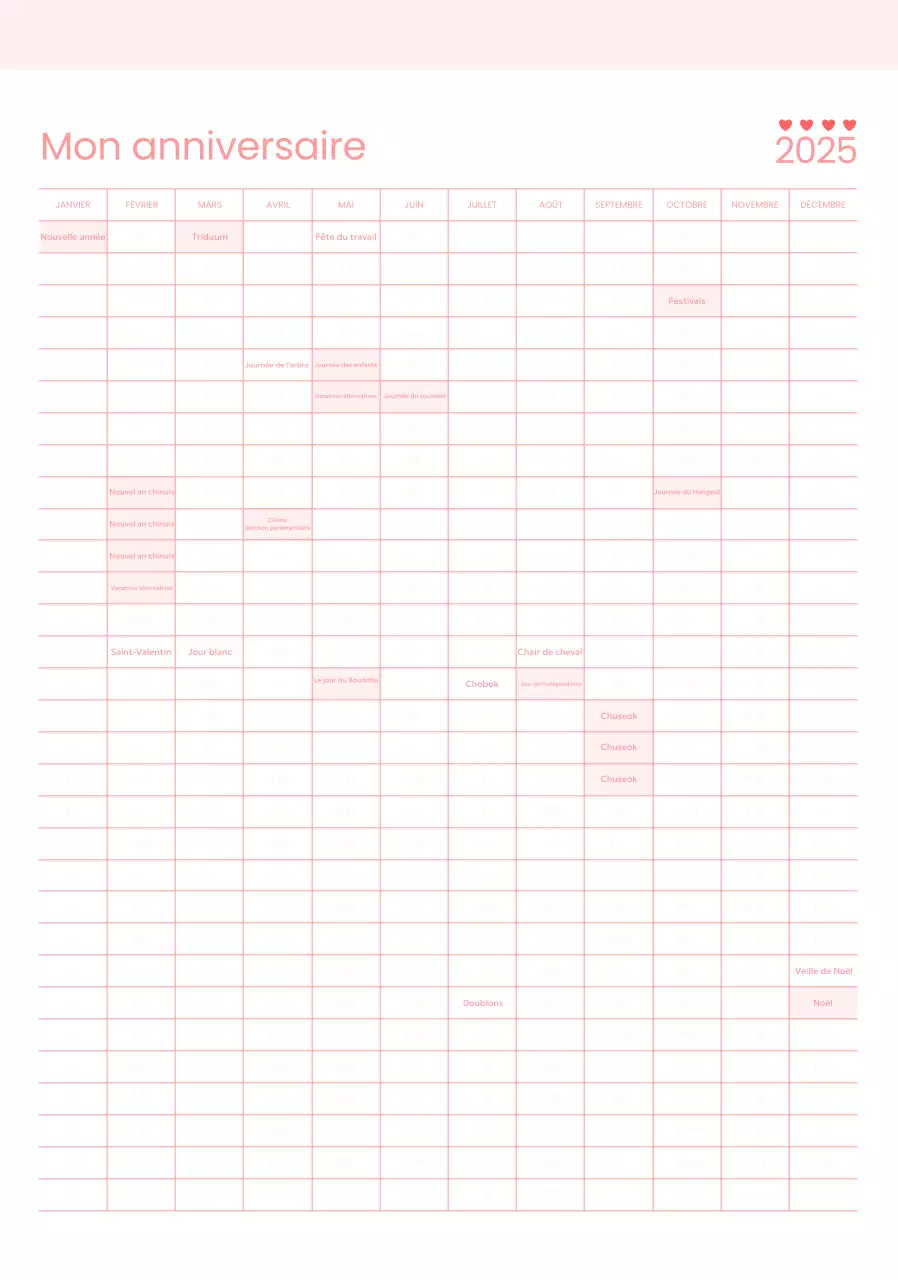 Pink Baby Calendrier anniversaire simple de 365 jours